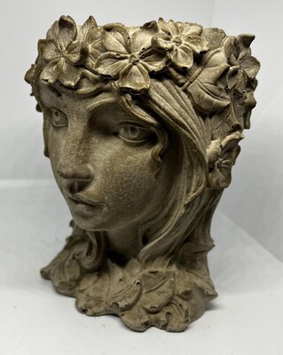 Nature Nymph (Pot) Face Pot, container, flower pot, bust, sculpture  mythology cement, plant lover, womens face, sculpture, Goddess Planter